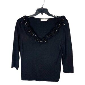 Dana Buchman Sweater L Black Studded Floral Applique Pullover‎ Top Size Large